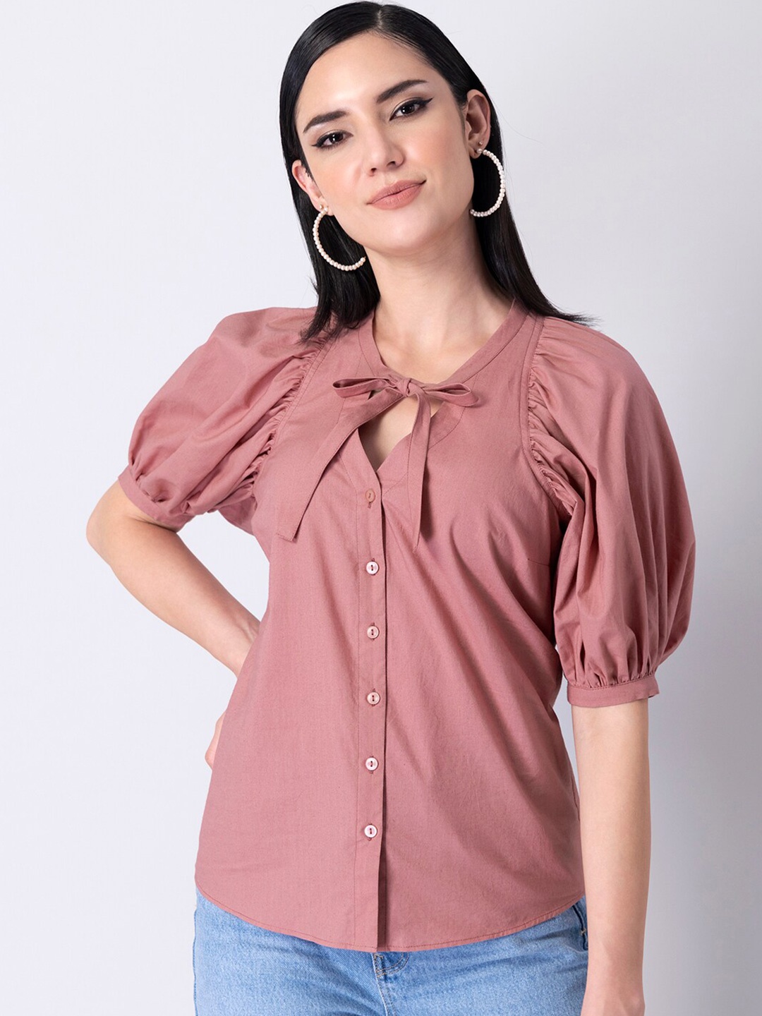 

FabAlley Mauve Tie-Up Neck Puff Sleeve Pure Cotton Shirt Style Top