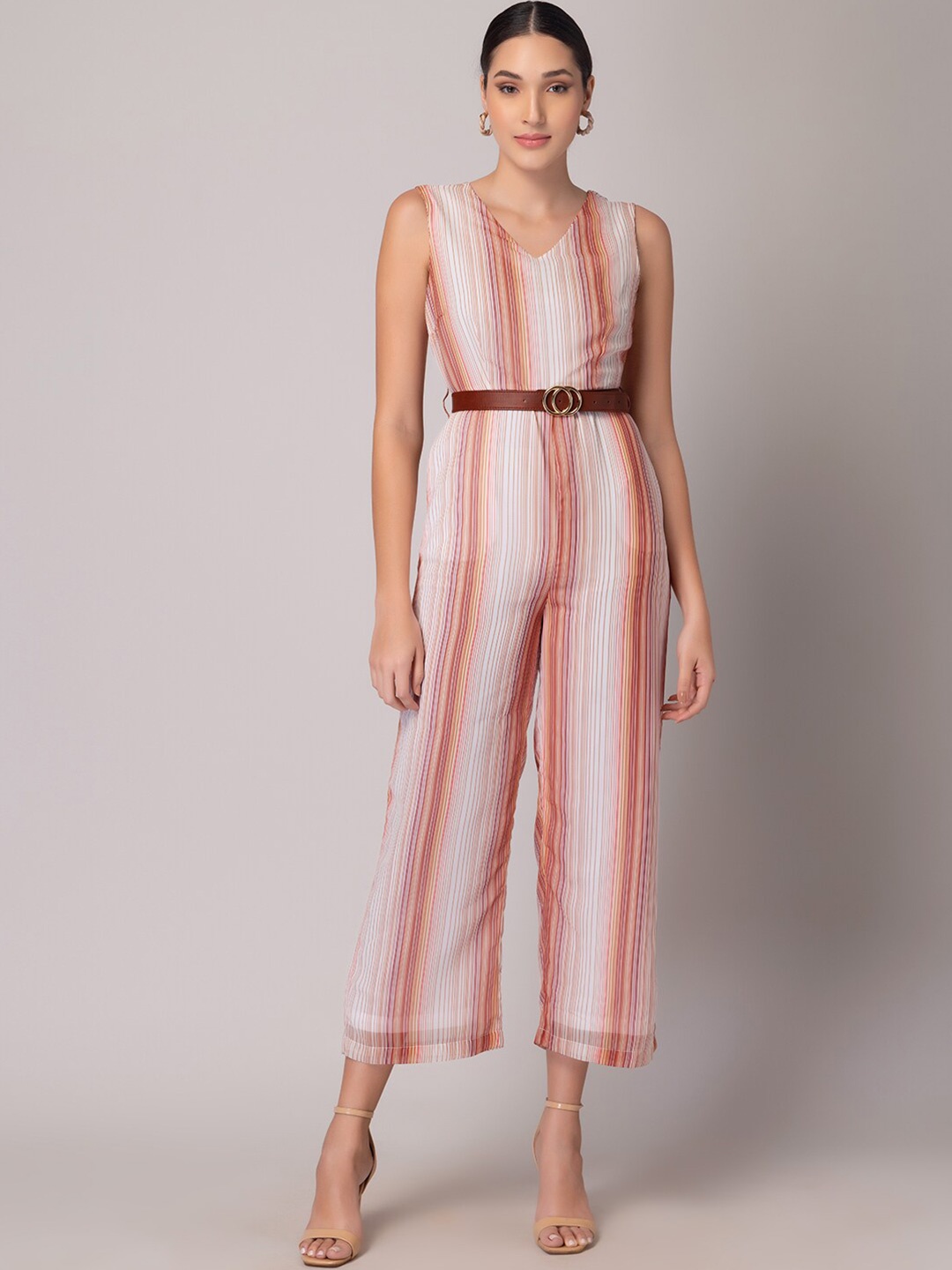 

FabAlley White & Red Striped Capri Jumpsuit