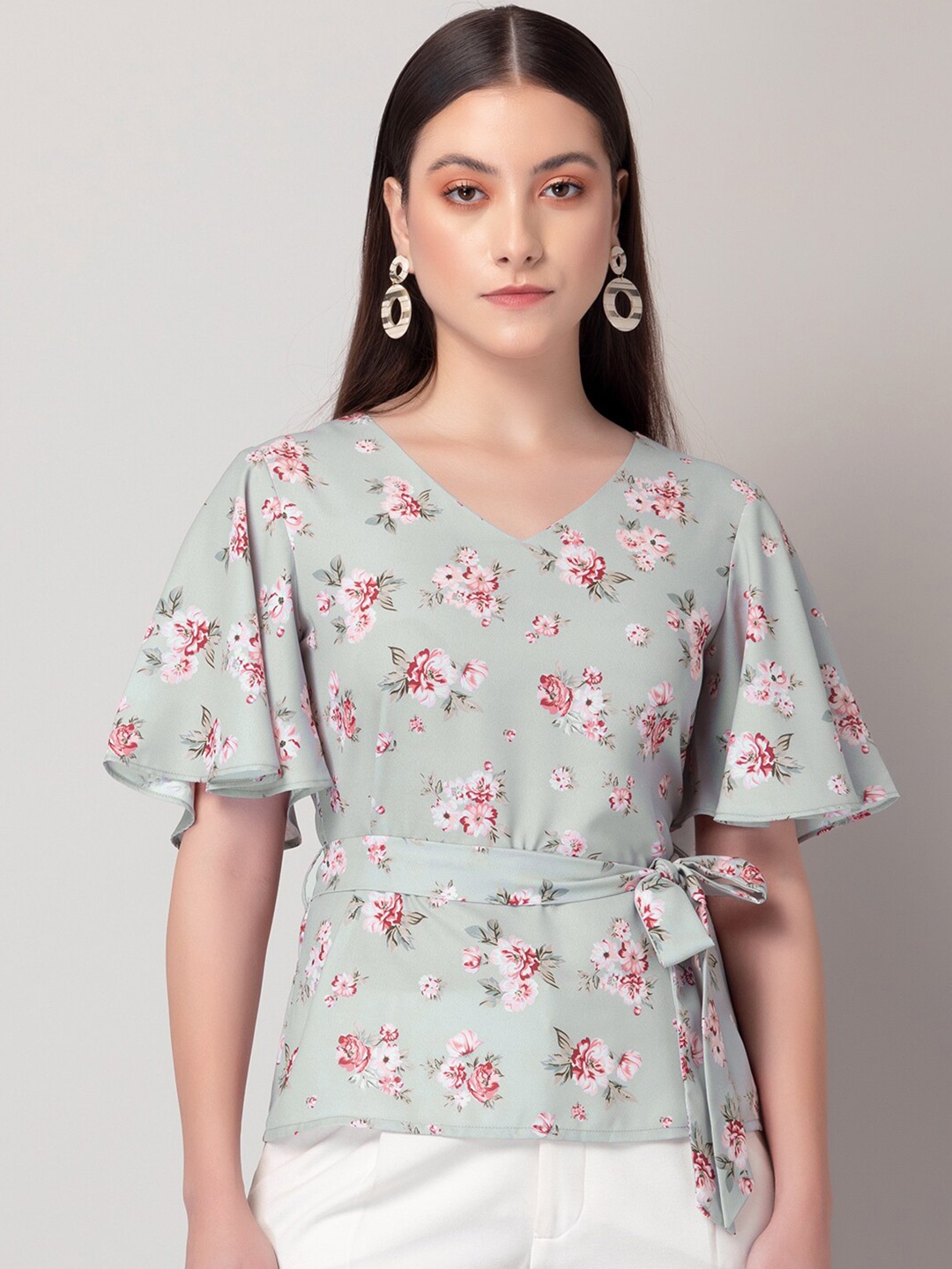 

FabAlley Grey Floral Printed Flared Sleeve Georgette Top