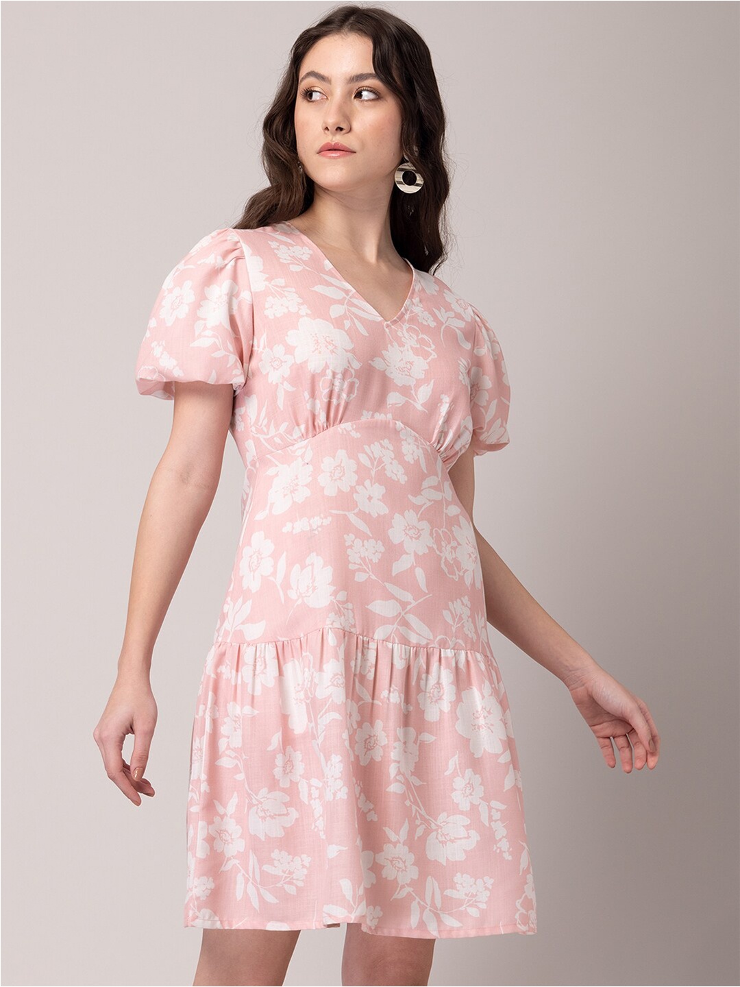 

FabAlley Peach-Colour Floral Printed Puff Sleeve Fit & Flare Dress