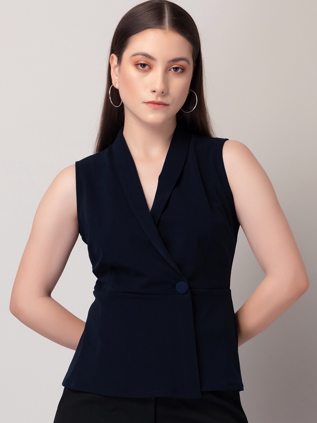 

FabAlley Navy Blue V-Neck Sleeveless Wrap Top