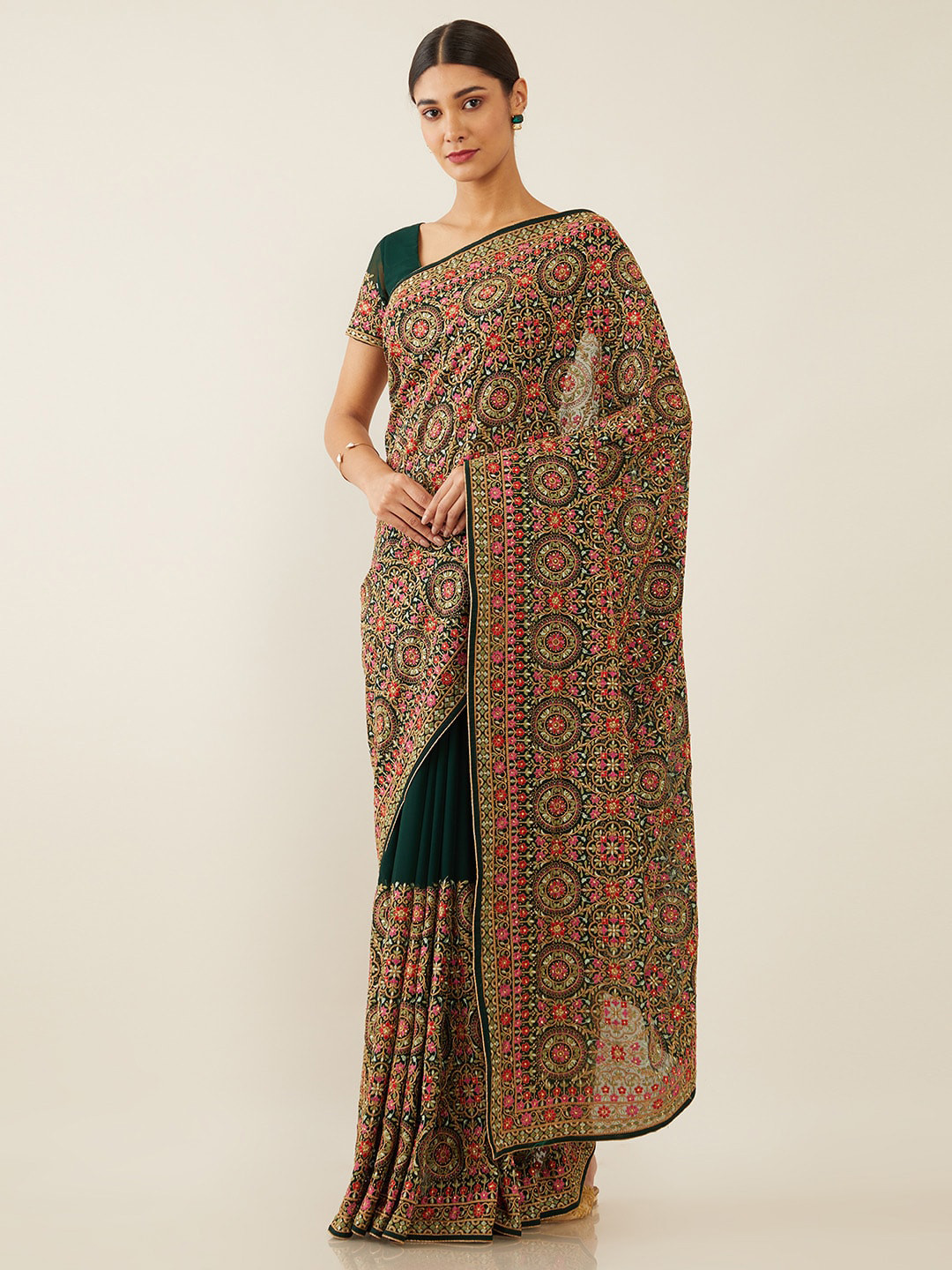 

Soch Green & Pink Ethnic Motifs Embroidered Pure Georgette Saree