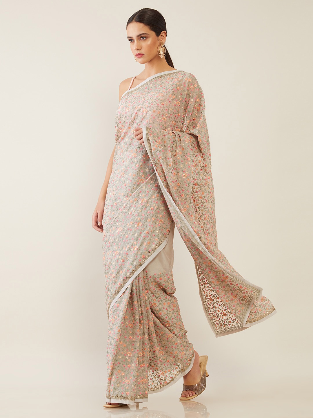 

Soch Grey & Pink Floral Embroidered Pure Chiffon Saree