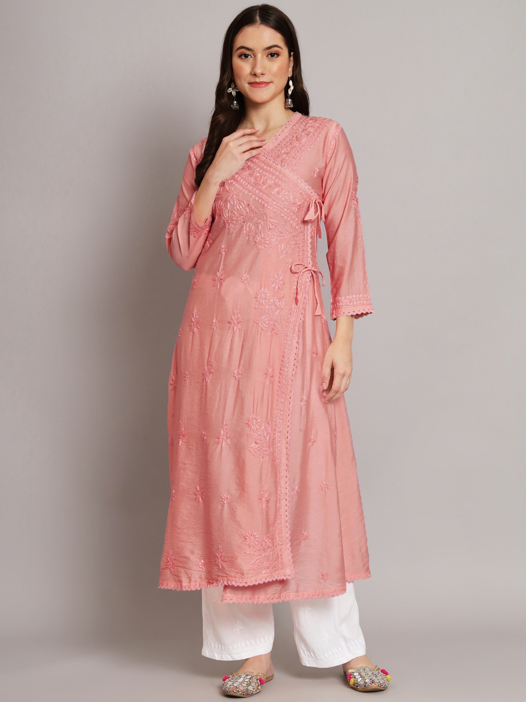 

PARAMOUNT CHIKAN Embroidered Chikankari Floral Anarkali Kurta, Brown