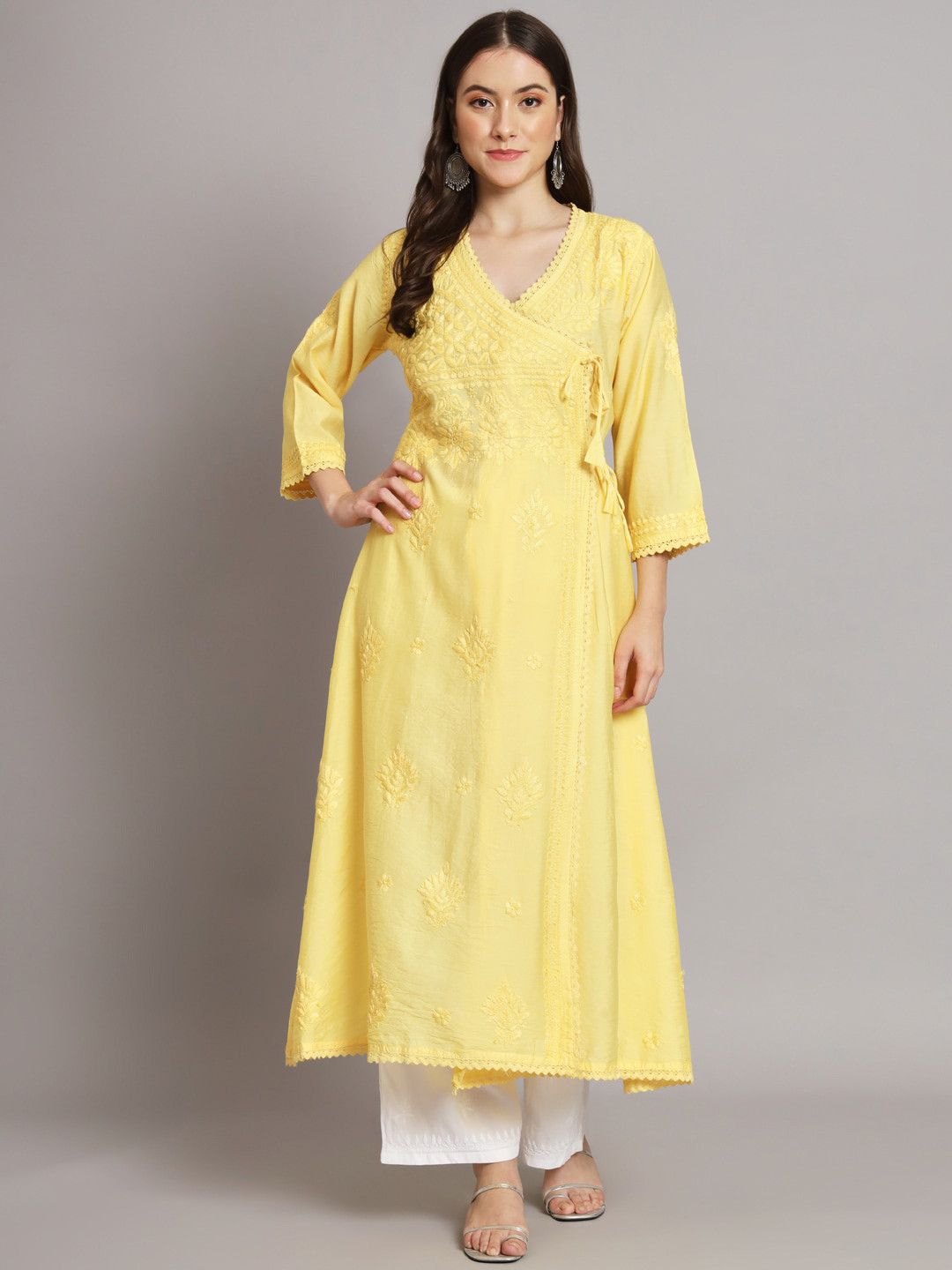 

PARAMOUNT CHIKAN Embroidered Chikankari Floral Anarkali Kurta, Yellow