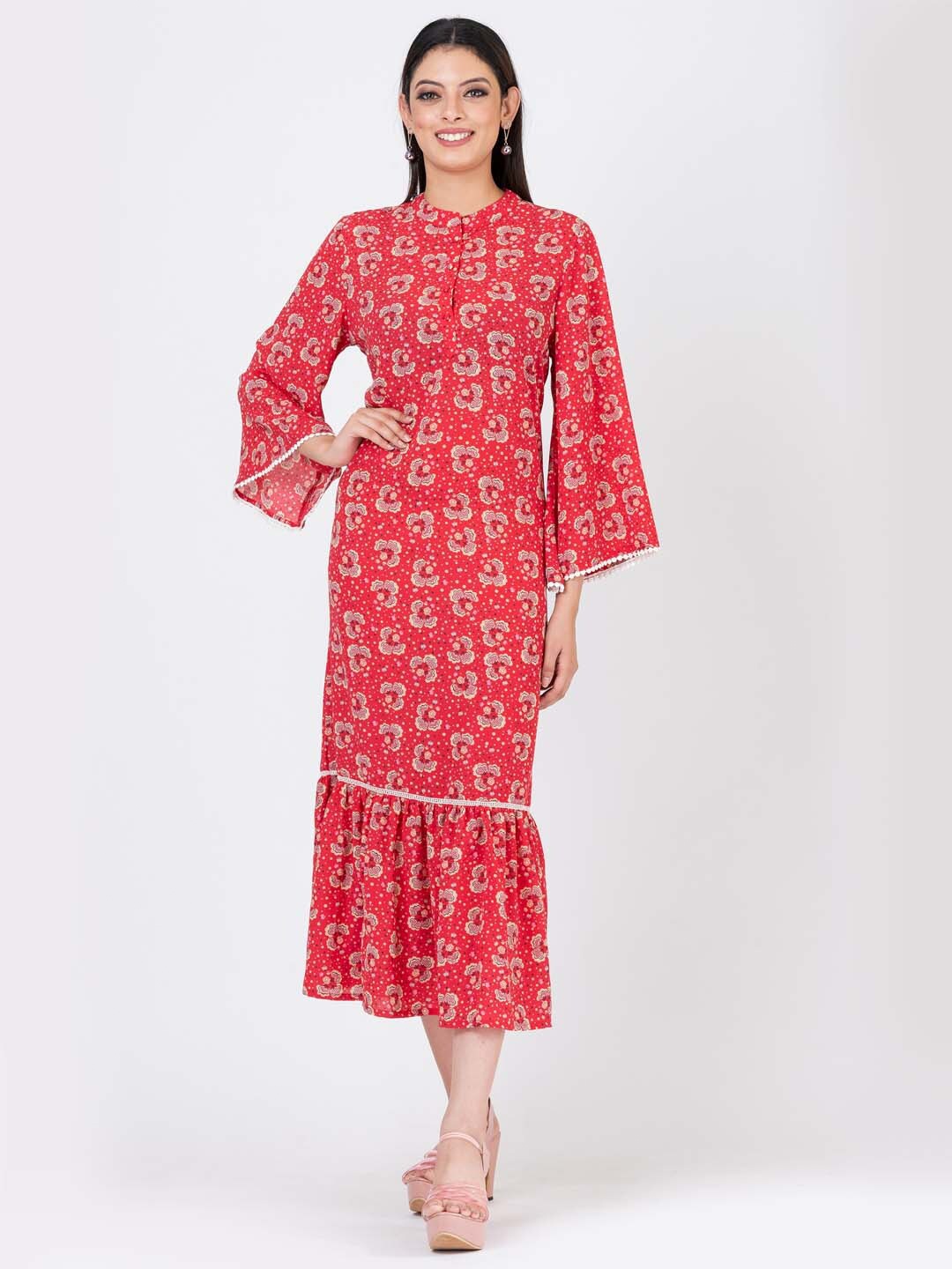 S&F Abstract Printed Bell Sleeve A-Line Midi Dress, Coral