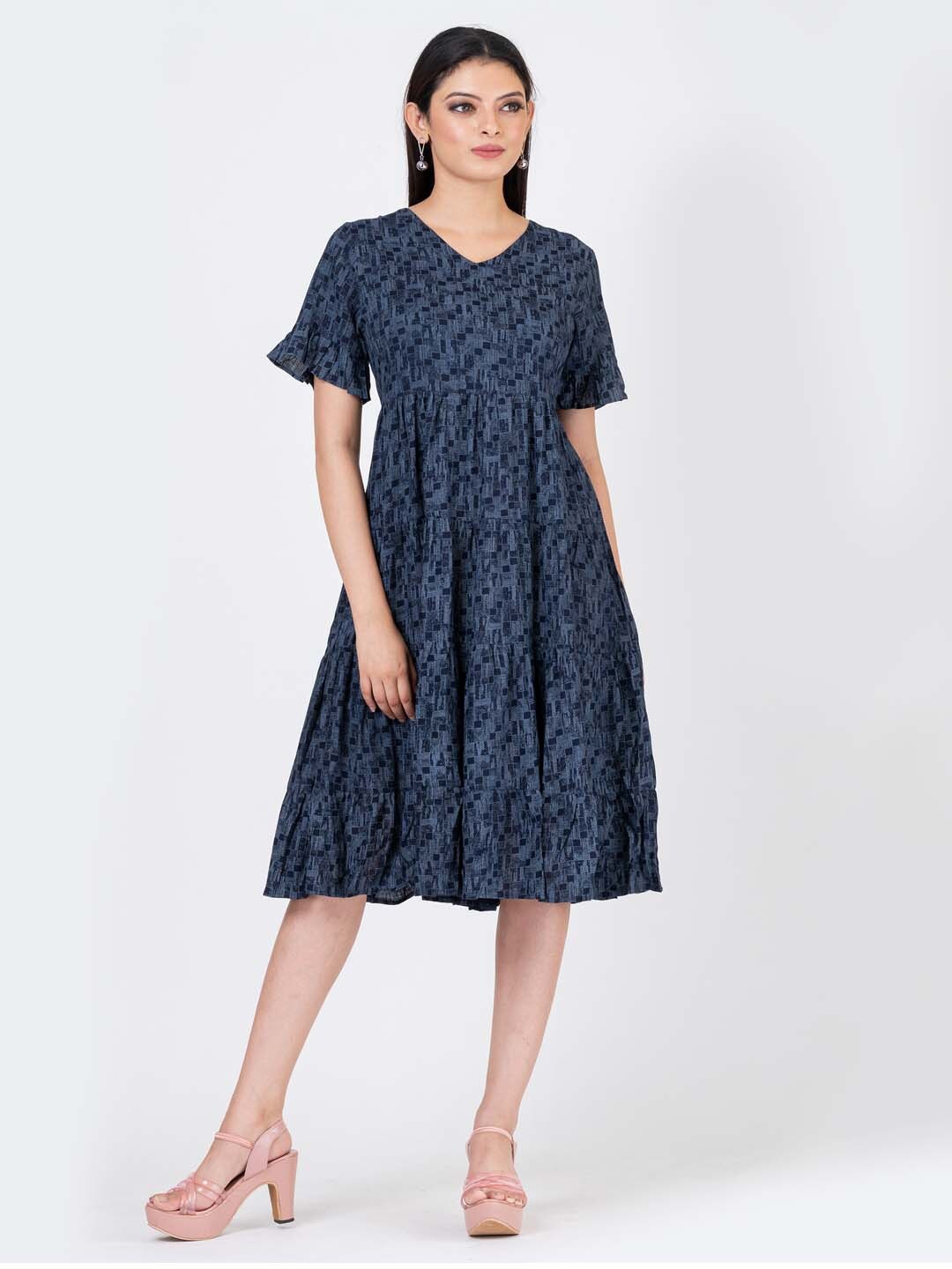 

S&F Geometric Printed Cotton Fit & Flare Dress, Navy blue