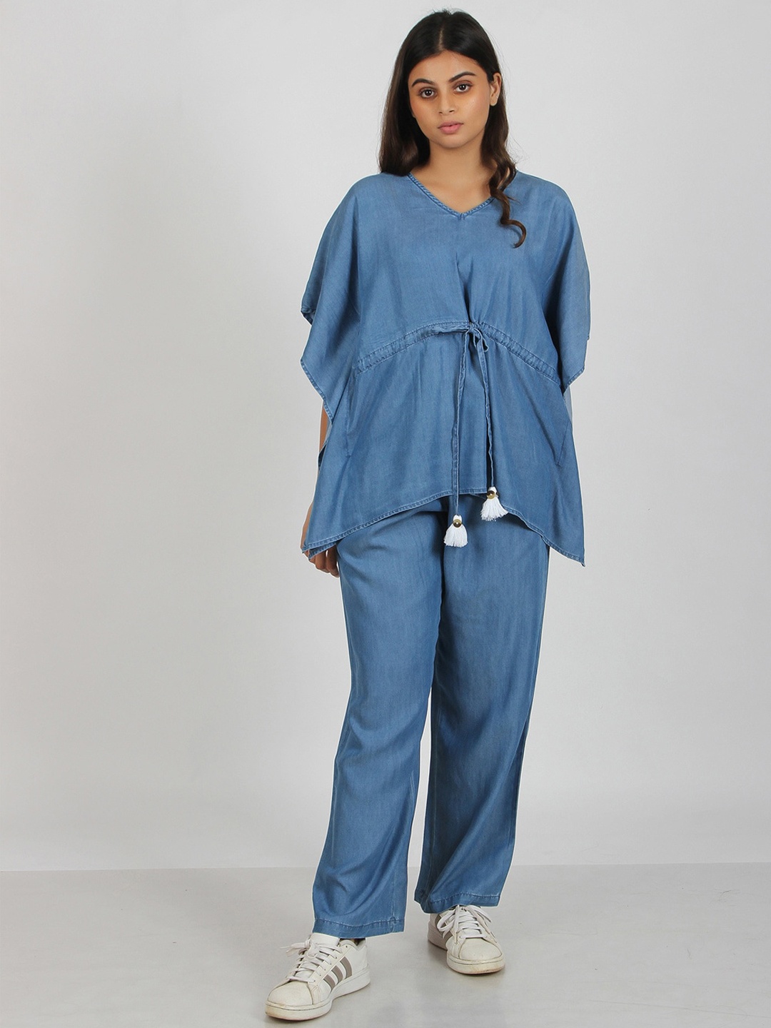 

S&F Women Pure Cotton Kaftan Top With Trouser Co-Ords, Blue