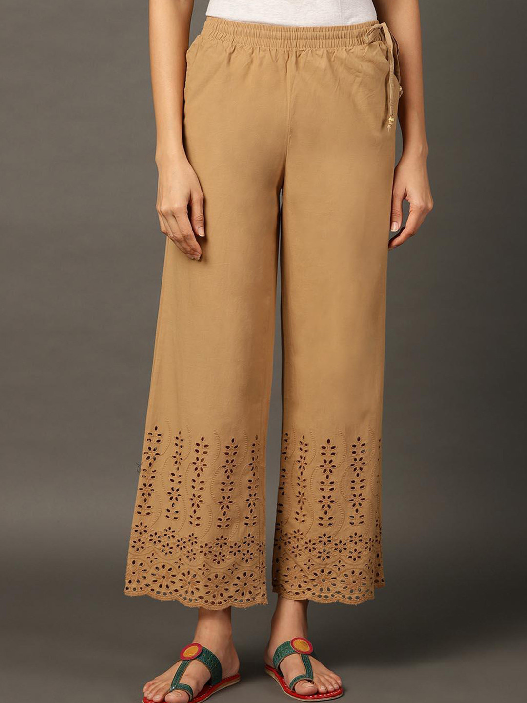 

Lakshita Women Floral Hem Design Wide Leg Pure Cotton Ethnic Palazzos, Beige