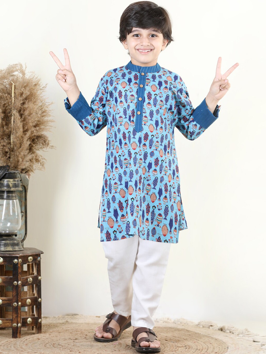 

Here&Now X Kinder Kids Boys Quirky Printed Pure Cotton Kurta with Pyjamas, Blue