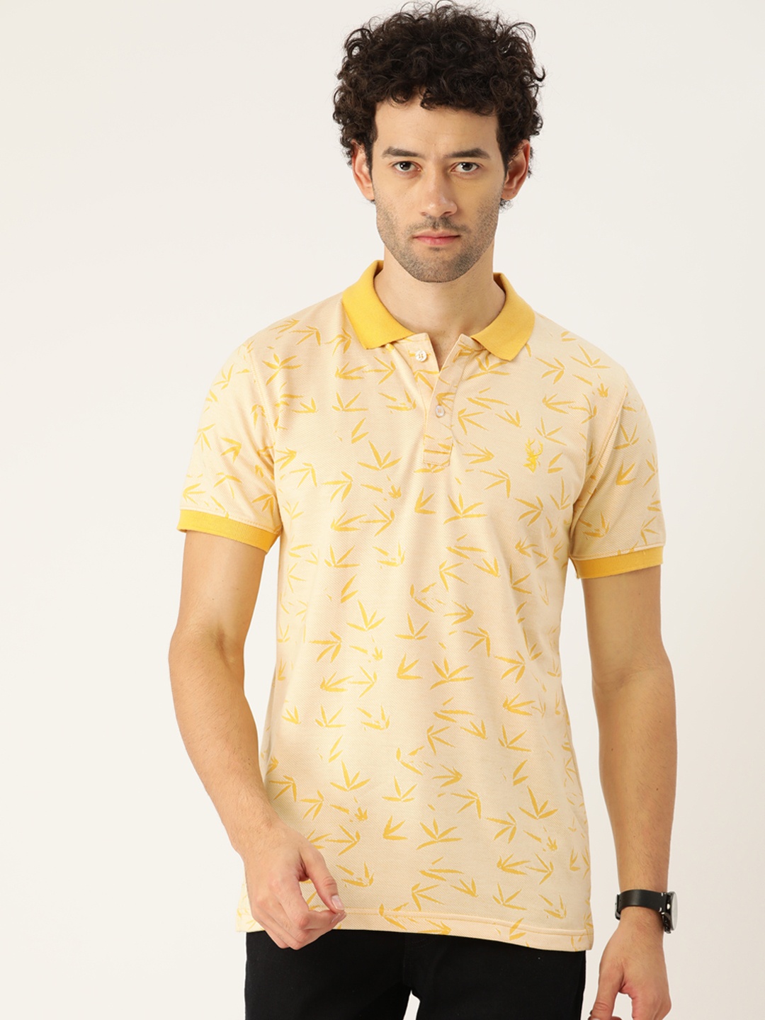 

PORTBLAIR Men Floral Printed Polo Collar Tropical Slim Fit T-shirt, Yellow