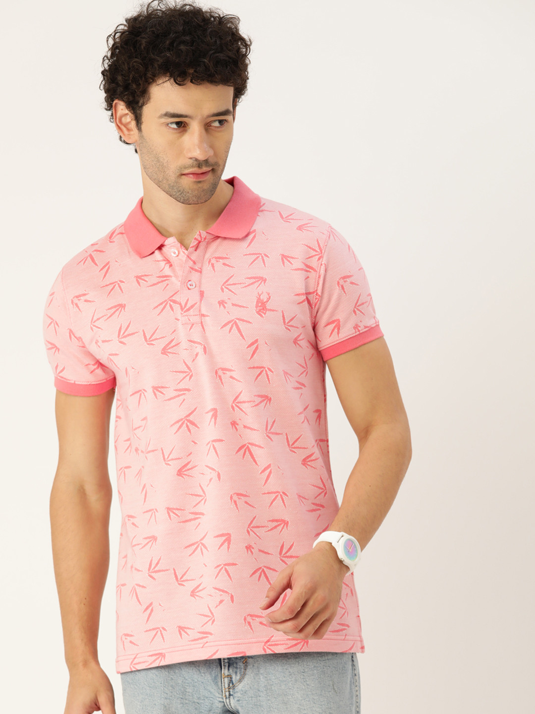 

PORTBLAIR Men Floral Printed Polo Collar Tropical Slim Fit T-shirt, Pink