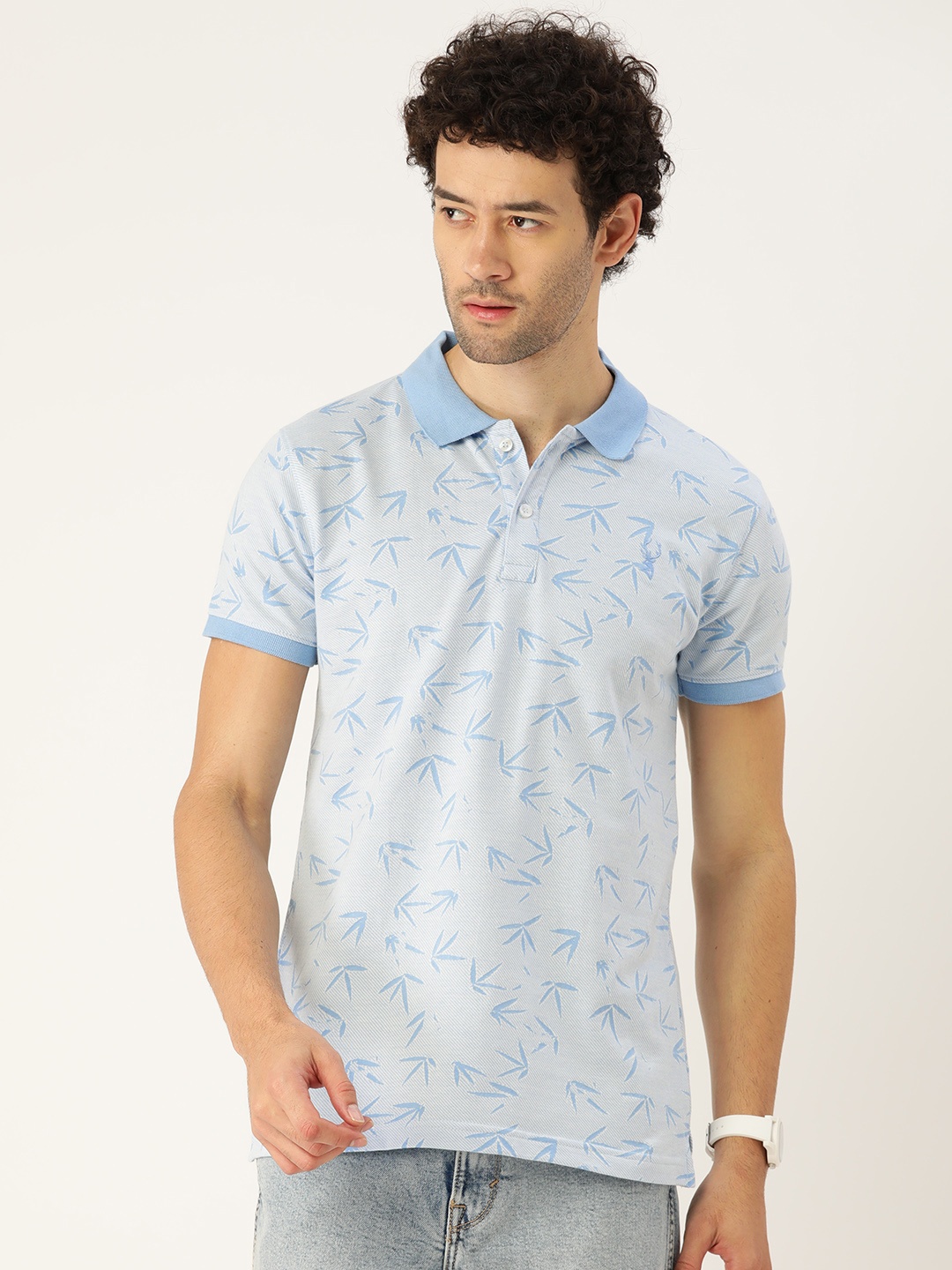 

PORTBLAIR Men Floral Printed Polo Collar Tropical Slim Fit T-shirt, Turquoise blue