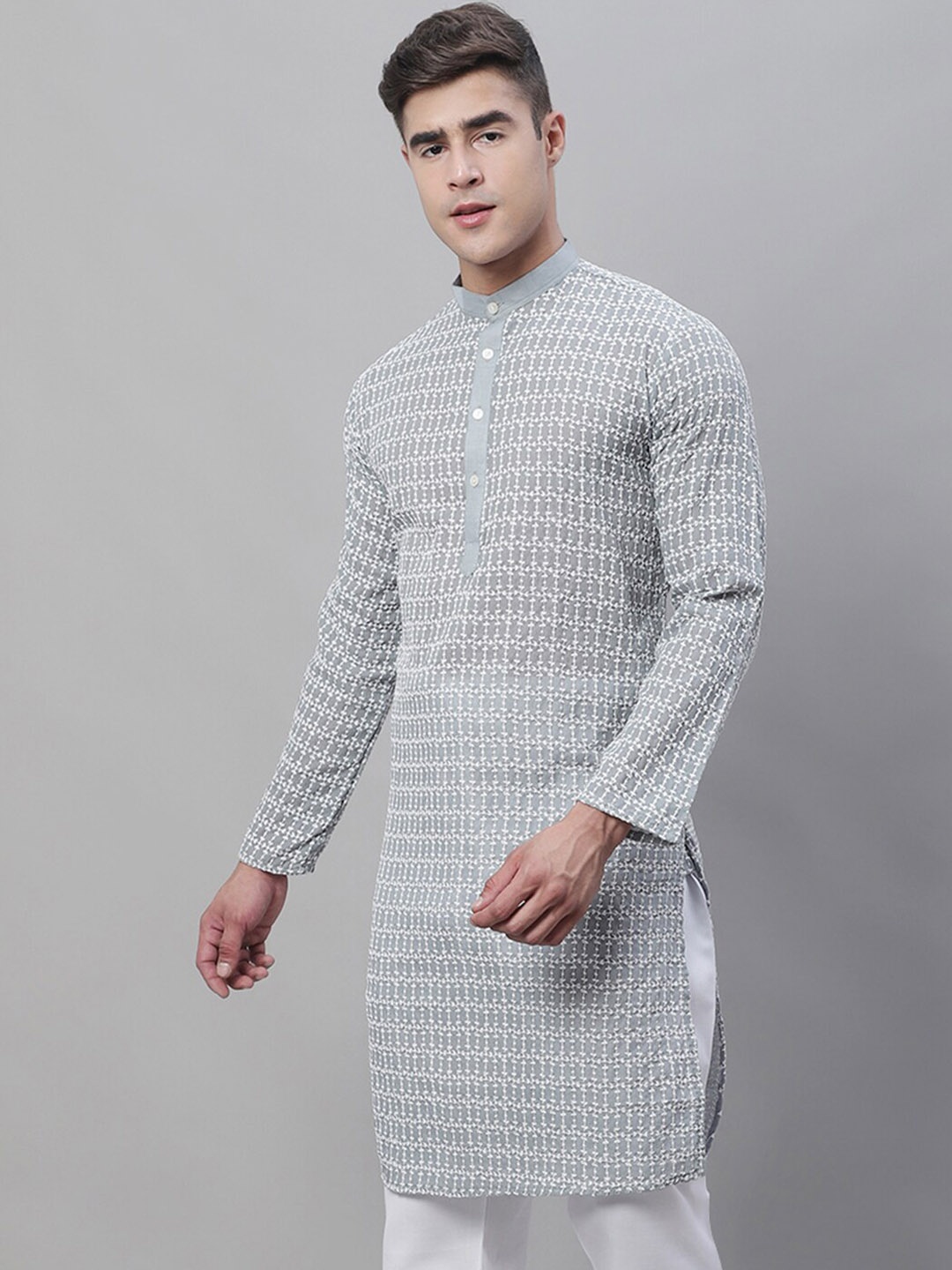 SOJANYA Geometric Embroidered Thread Work Pure Cotton Kurta, Grey