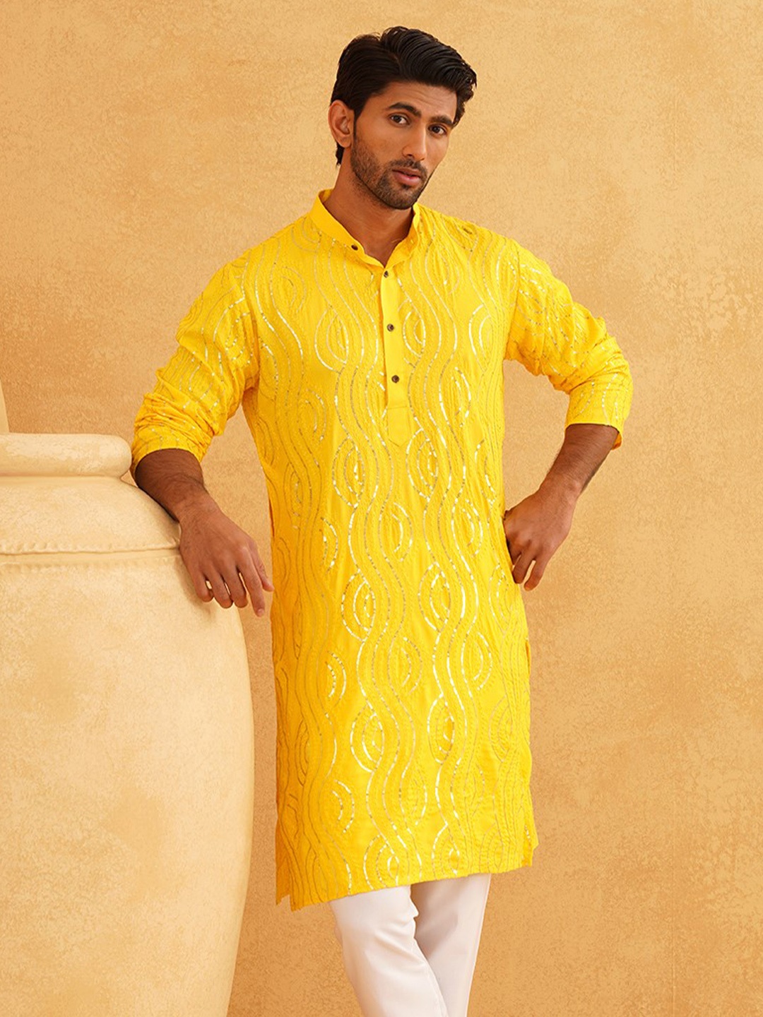 

SOJANYA Abstract Embroidered Sequined Pure Cotton Kurta, Mustard