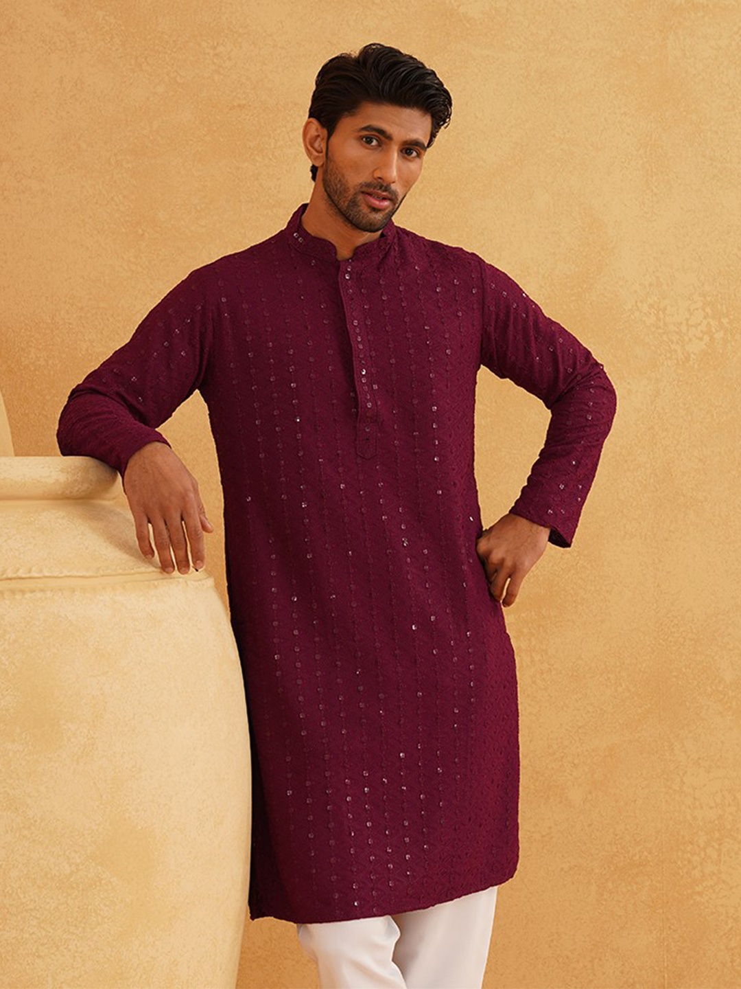 

SOJANYA Ethnic Motifs Embroidered Sequinned Pure Cotton Kurta, Burgundy