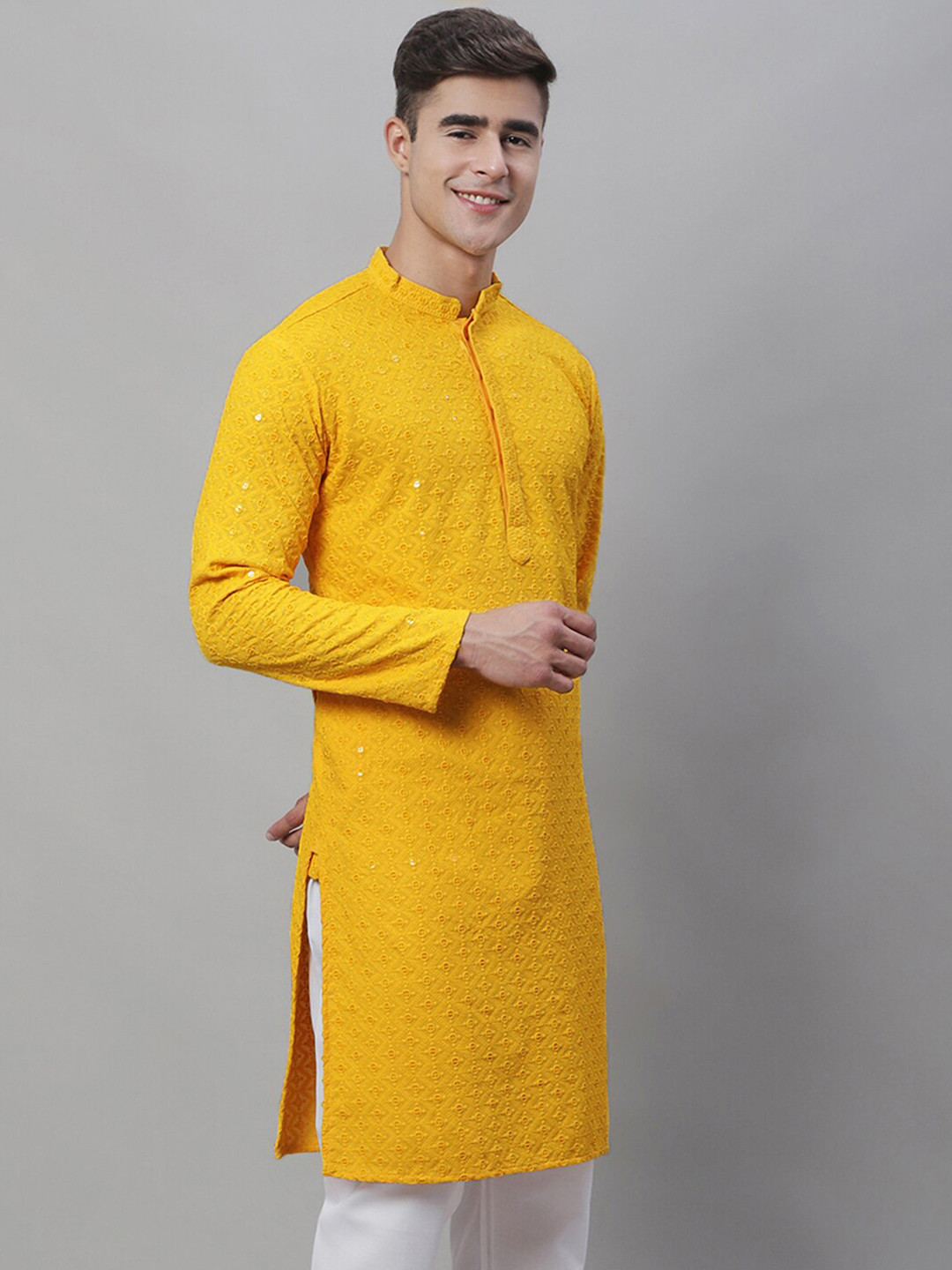 

SOJANYA Ethnic motif Embroidered Sequined Pure Cotton Kurta, Mustard