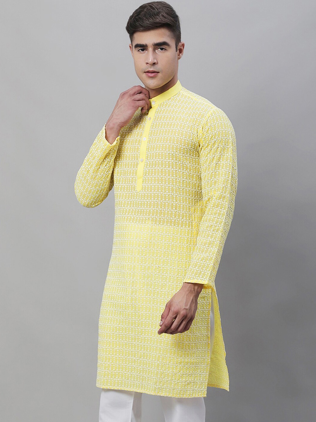 

SOJANYA Mandarin Collar Embroidered Pure Cotton Kurta, Yellow