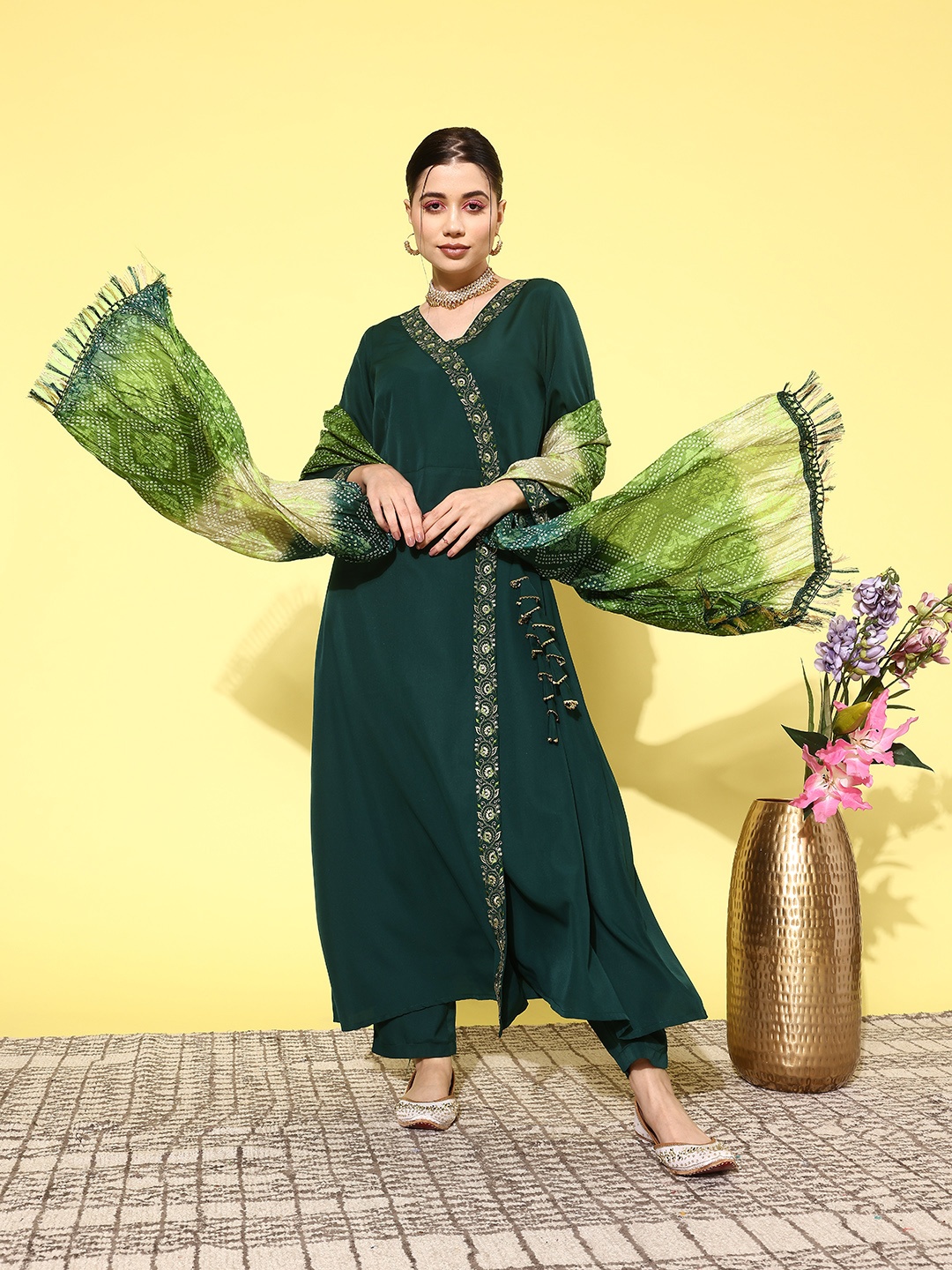 

SheWill Floral Embroidered Angrakha Sequinned Crepe Kurta with Trousers & Dupatta, Green