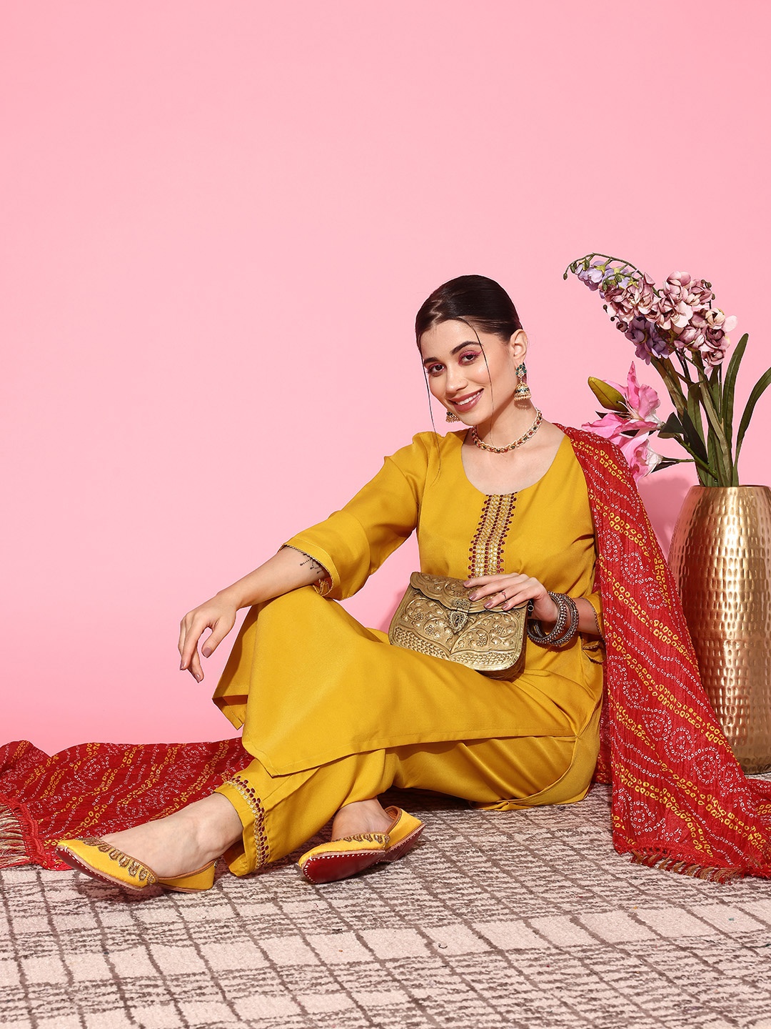 

SheWill Embroidered Zari Crepe Regular Kurta with Trousers & Dupatta, Yellow