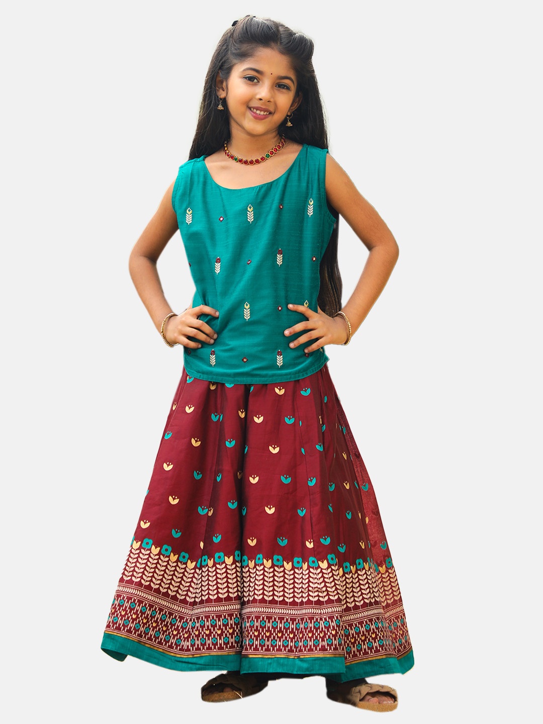 Maybell Girls Ethnic Motifs Embroidered Ready To Wear Lehenga & Choli, Green