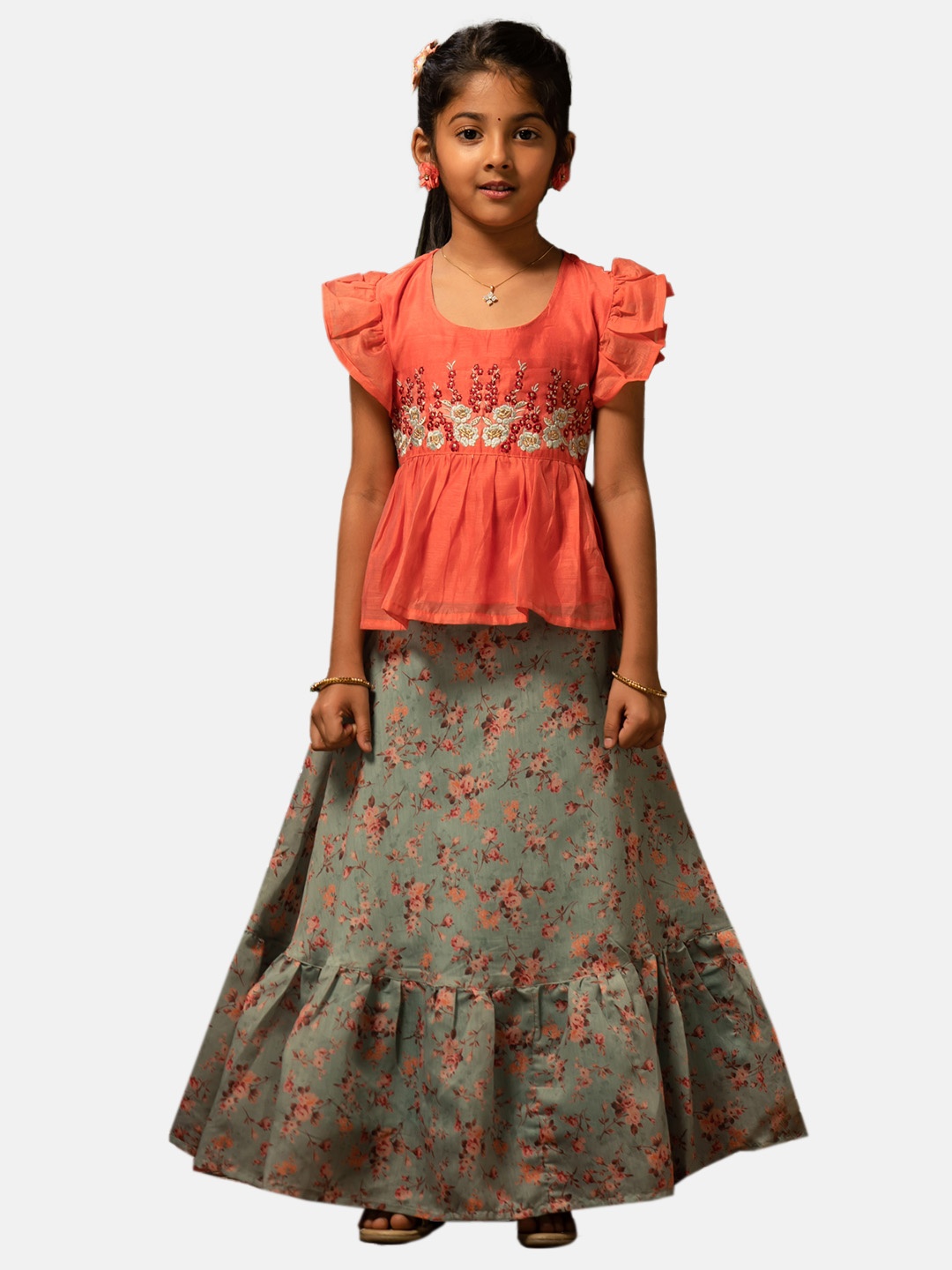 

Maybell Girls Embroidered Thread Work Ready to Wear Lehenga Choli, Peach