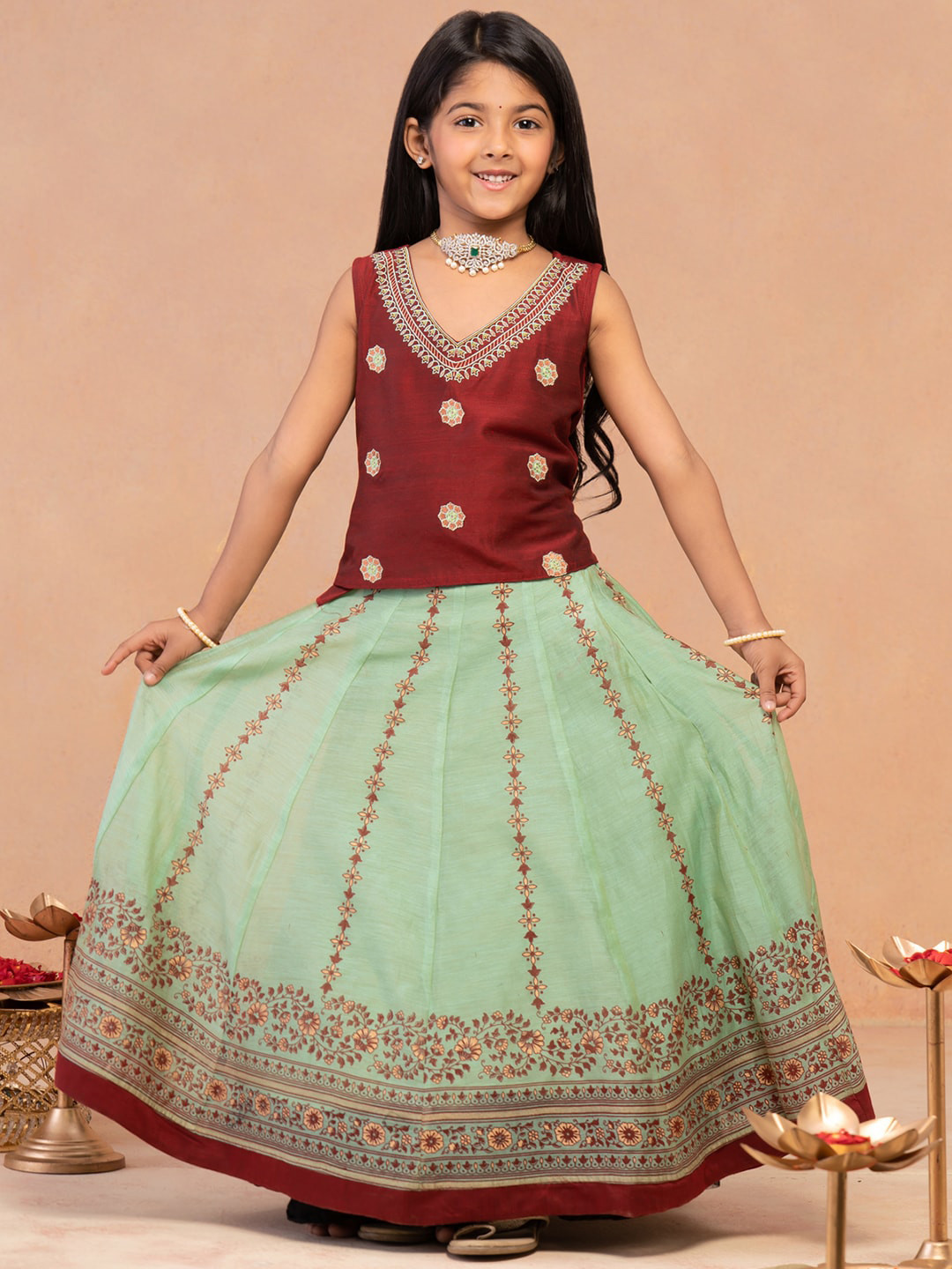 

Maybell Girls Embroidered Silk Lehenga & Blouse, Maroon