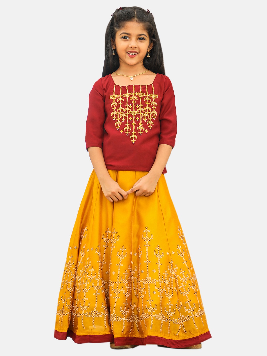 

Maybell Girls Ethnic Motifs Embroidered Ready to Wear Lehenga & Choli, Maroon
