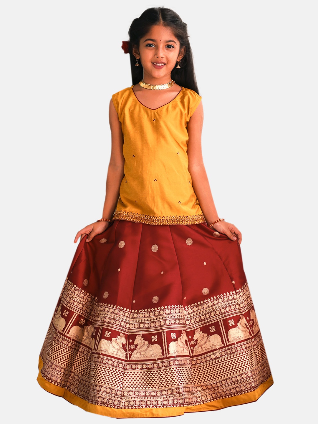 

Maybell Girls Ethnic Motifs Embroidered Lehenga Choli, Mustard