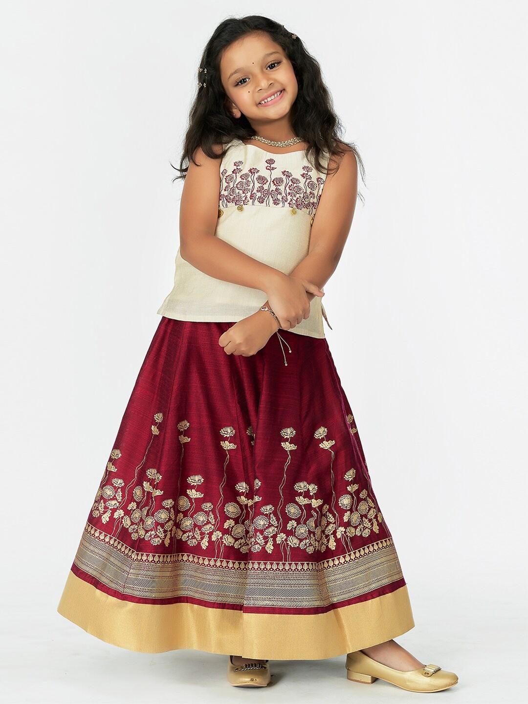 

Maybell Girls Ethnic Motifs Embroidered Ready To Wear Lehenga & Choli, Off white