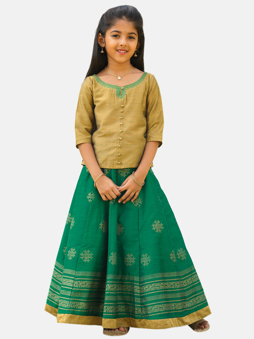 

Maybell Girls Ethnic Motifs Embroidered Silk Ready To Wear Lehenga & Blouse, Beige