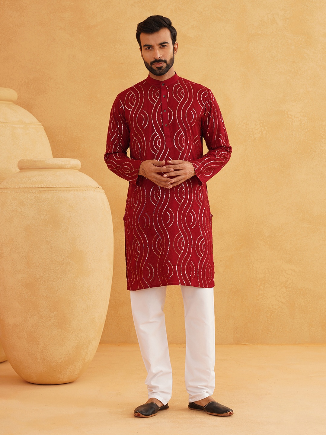 

SOJANYA Leheriya Embroidered Sequinned Pure Cotton Kurta With Churidar, Maroon