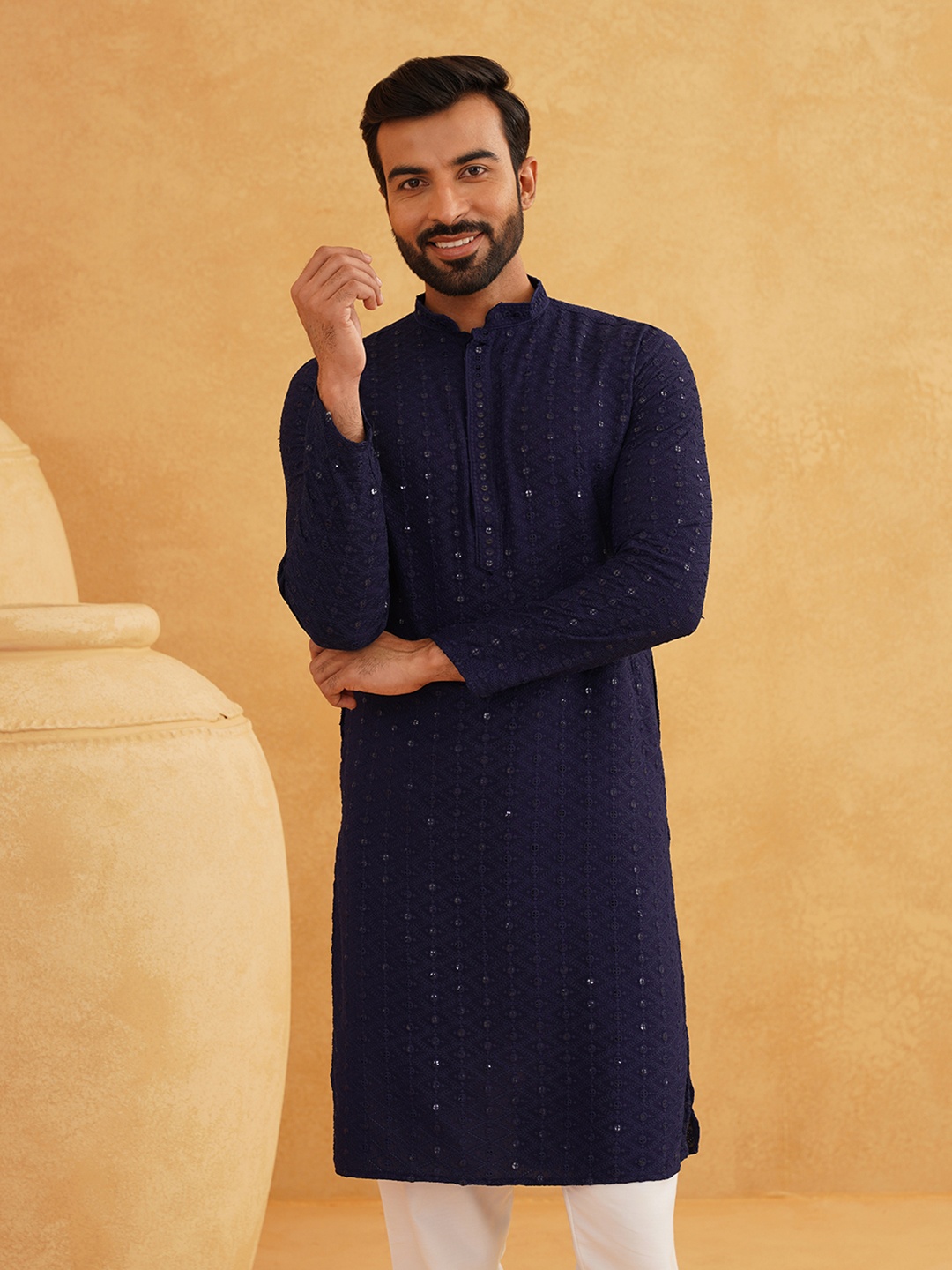 

SOJANYA Embroidered Regular Sequinned Pure Cotton Kurta with Churidar, Navy blue