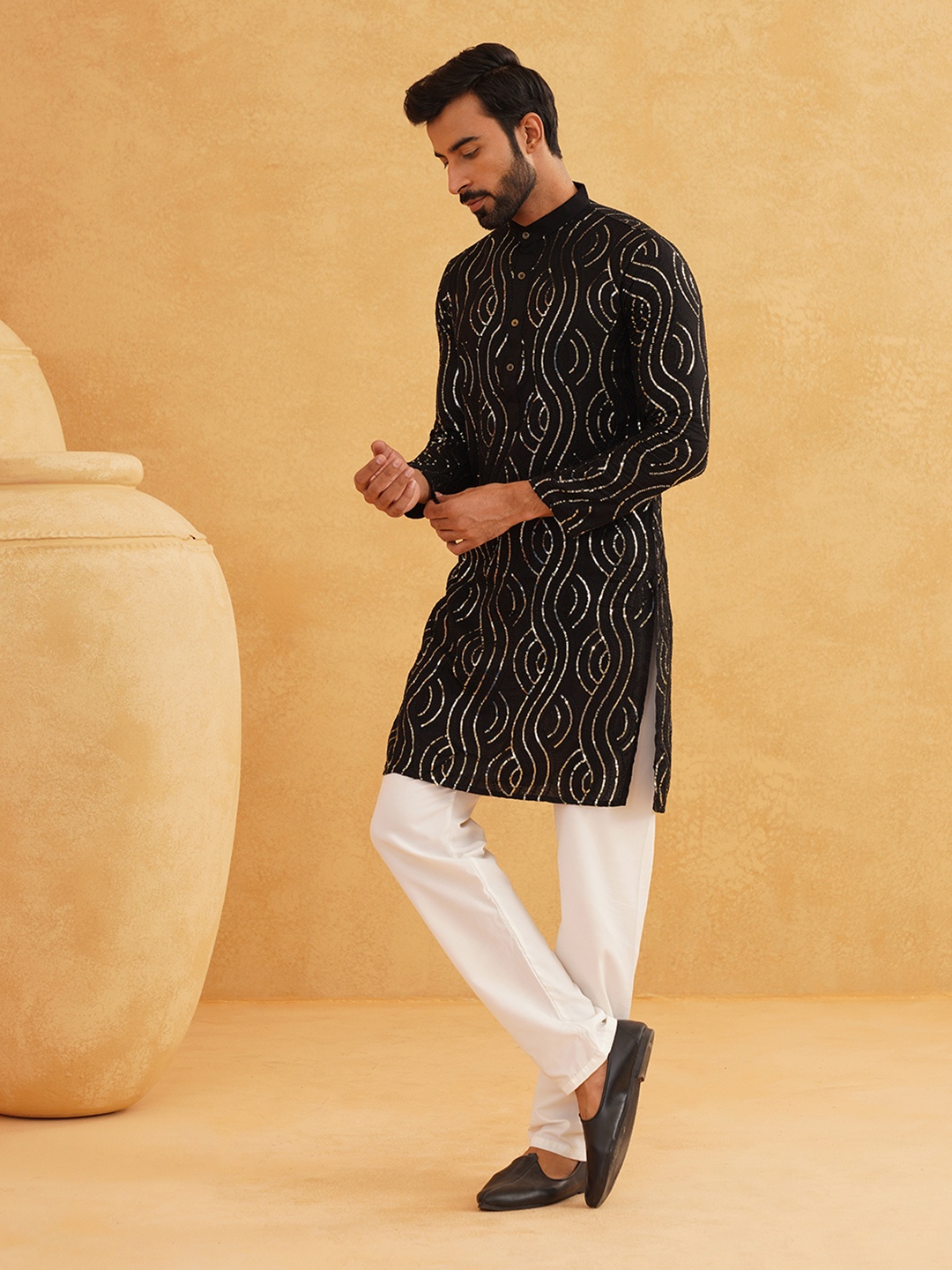 

SOJANYA Ethnic Motifs Embroidered Sequinned Pure Cotton Kurta With Churidar, Black