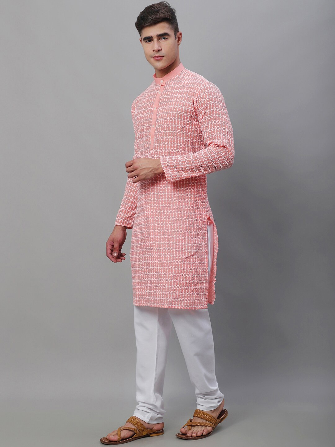 

SOJANYA Embroidered Thread Work Pure Cotton Kurta With Churidar, Peach