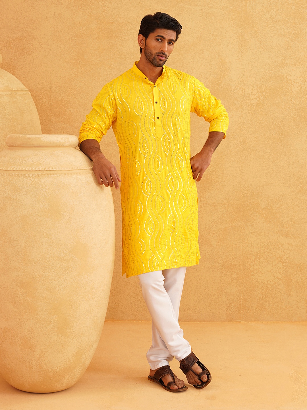 

SOJANYA Sequin Embroidered Pure Cotton Kurta With Churidar, Yellow