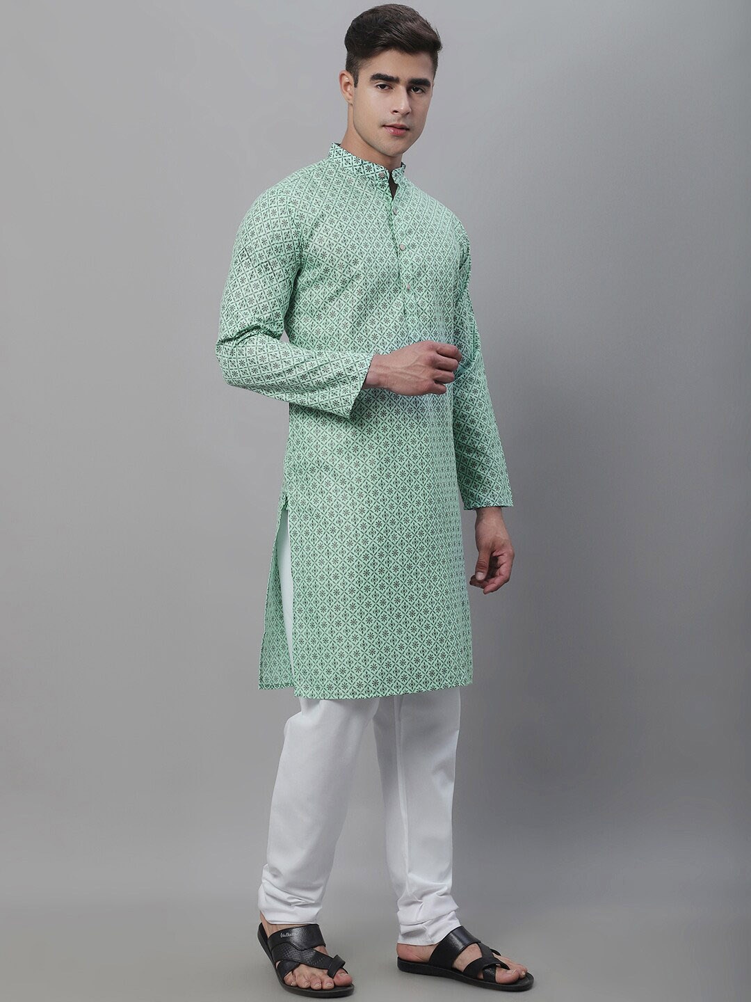 

SOJANYA Ethnic Motifs Printed Cotton Linen Kurta With Churidar, Sea green