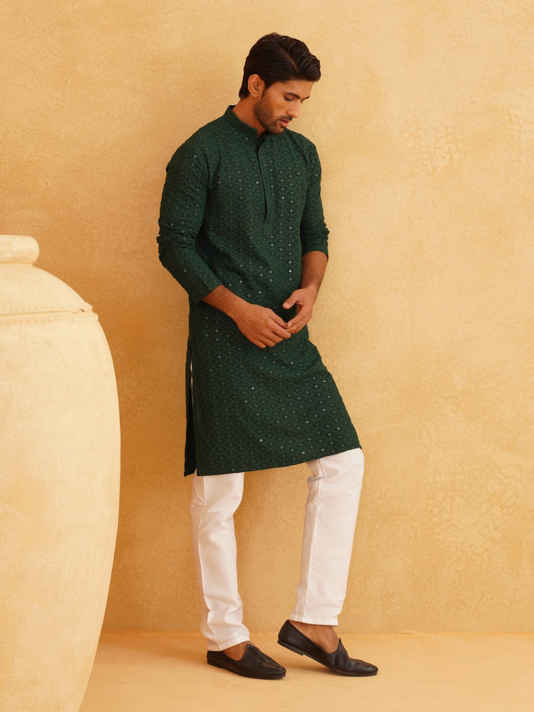 

SOJANYA Ethnic Motifs Embroidered Mirror Work Pure Cotton Kurta with Churidar, Green