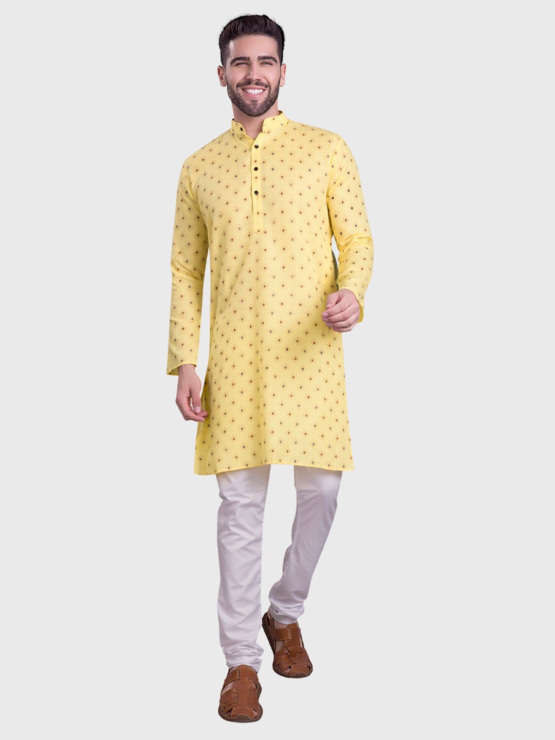 

SHIWAM ETHNIX Ethnic Motifs Printed Mandarin Collar Kurta, Yellow