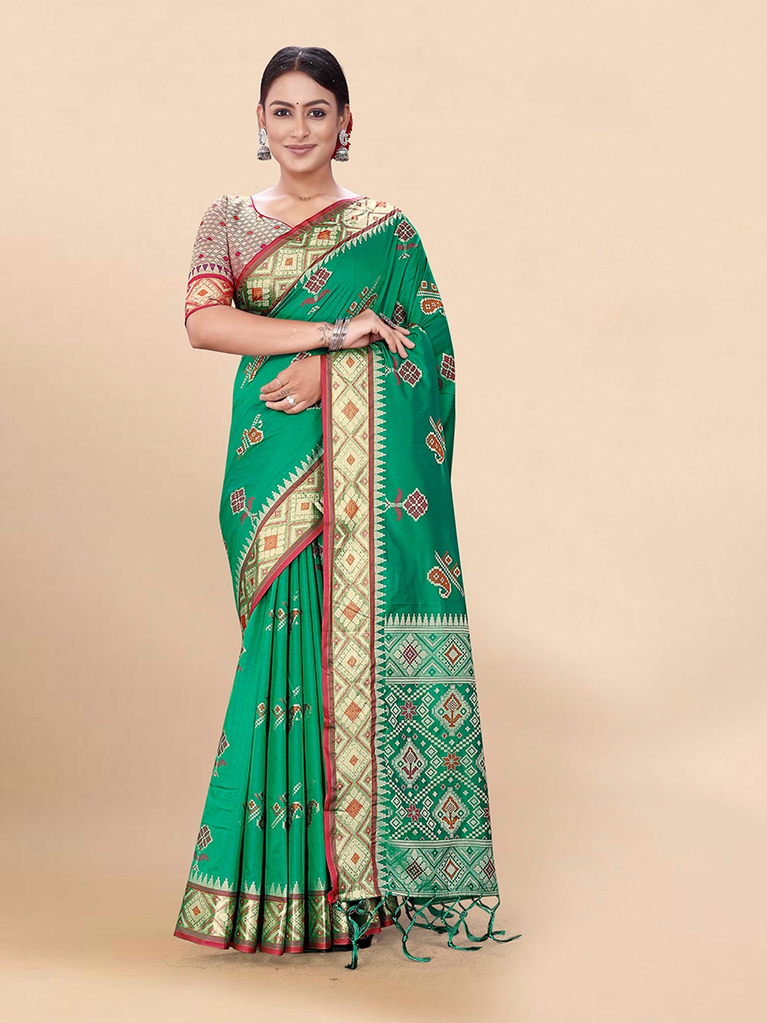 

Mitera Green & Red Ethnic Motifs Woven Design Zari Patola Saree