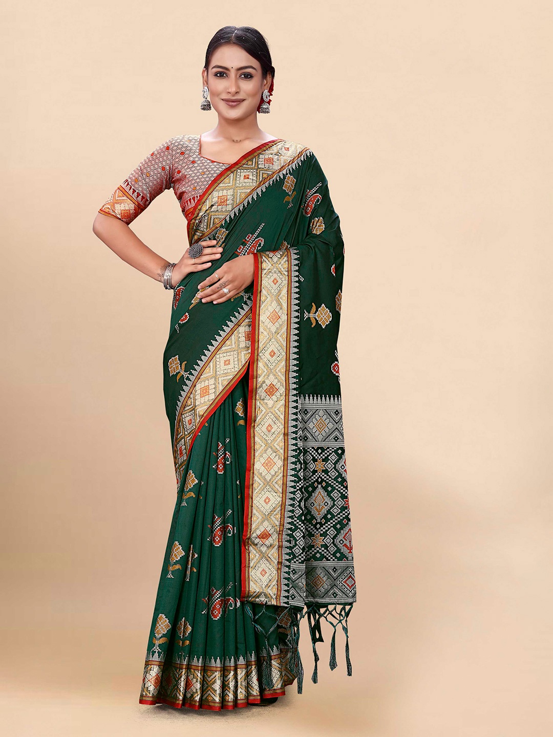 

Mitera Green & Red Woven Design Silk Blend Patola Saree