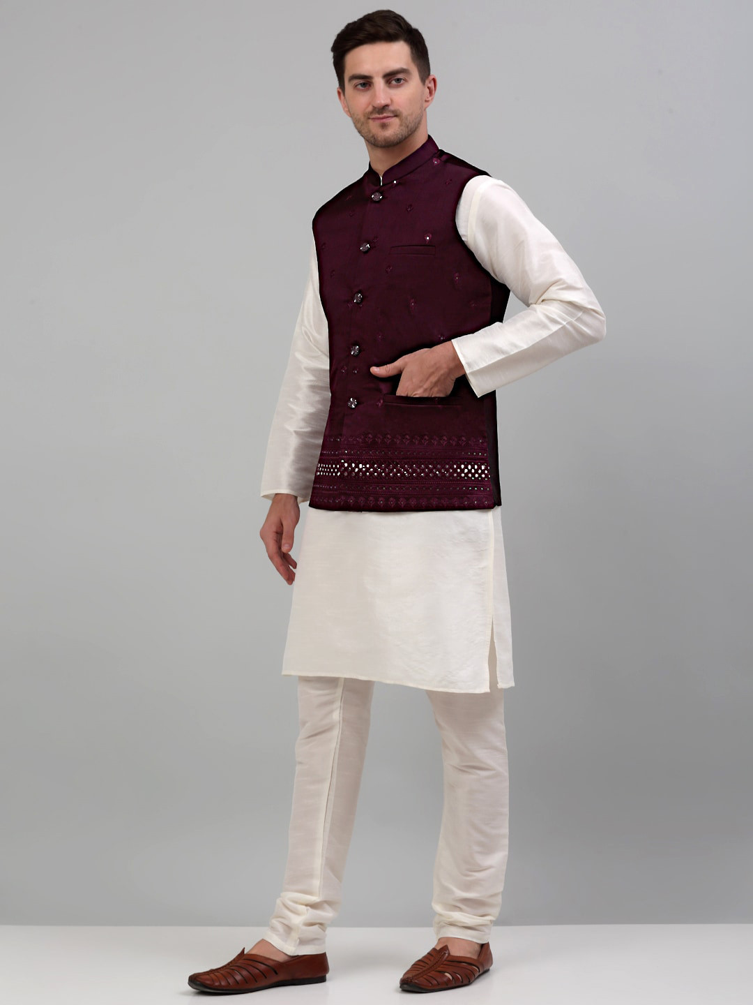 

Jompers Band Collar Regular Kurta with Pyjamas, Purple