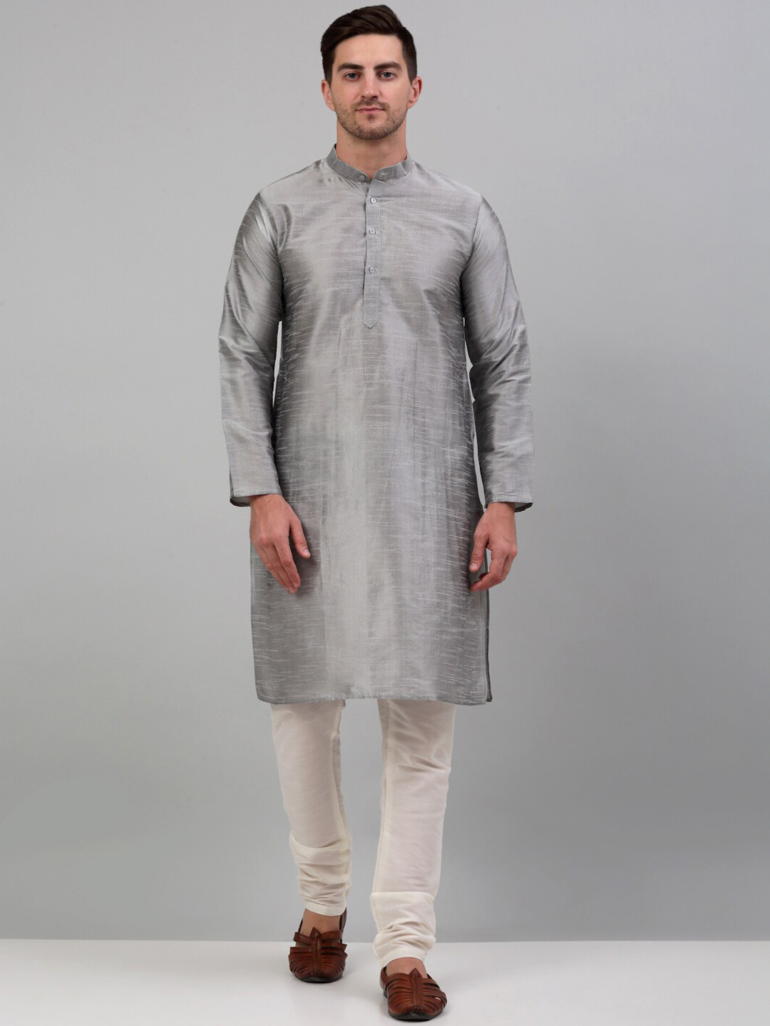 

Jompers Jacquard Weave Band Collar Regular Kurta With Churidar, Silver