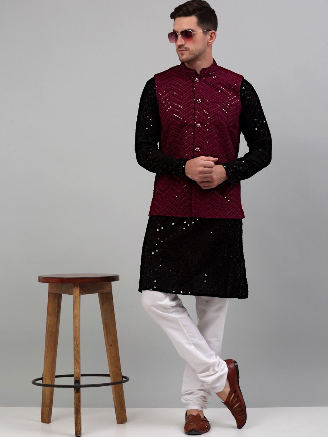 

Jompers Sequinned Mandarin Collar Kurta & Churidhar With Nehru Jacket, Purple