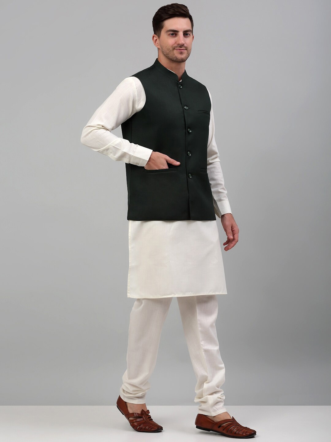 

Jompers Band Collar Regular Kurta With Churidar, White