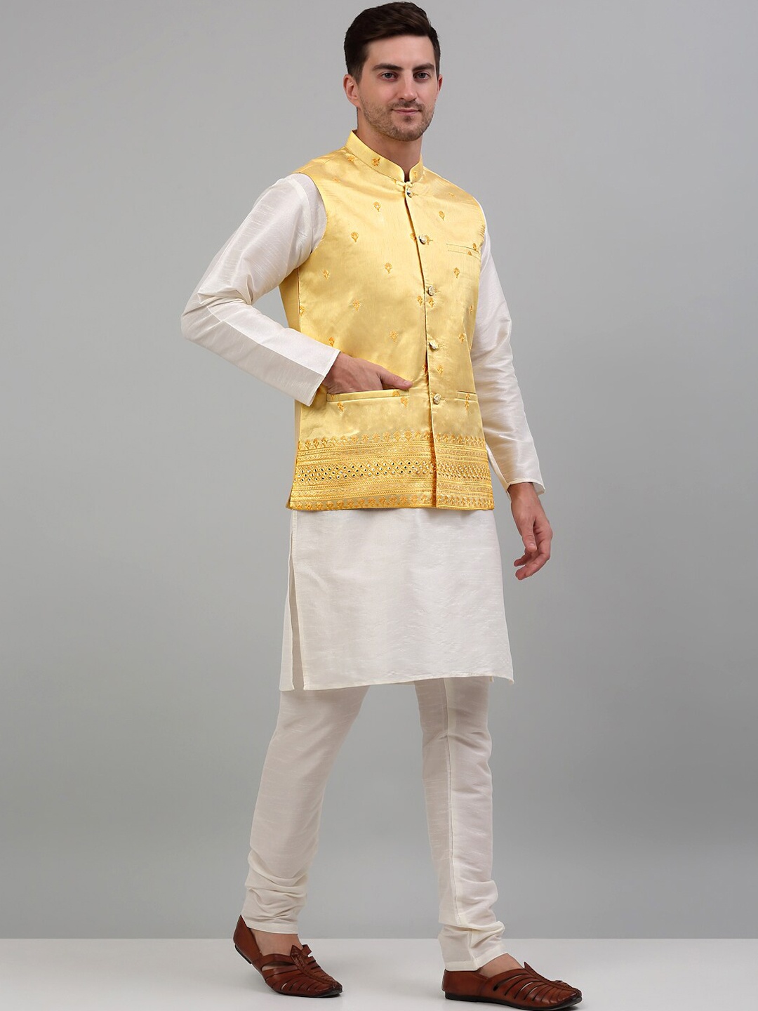 

Jompers Regular Kurta with Churidar & Nehru Jacket, Yellow