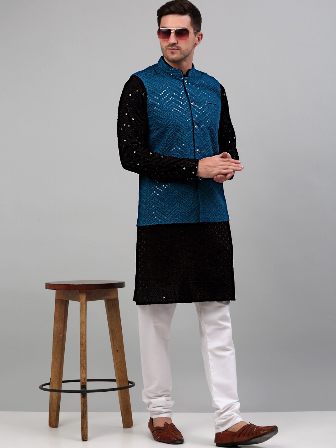 

Jompers Sequinned Kurta with Churidar & Nehru Jacket, Black