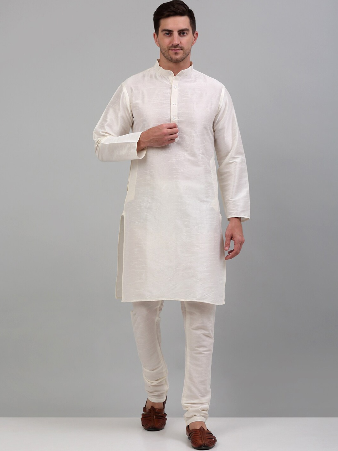

Jompers Band Collar Regular Kurta With Churidar, White