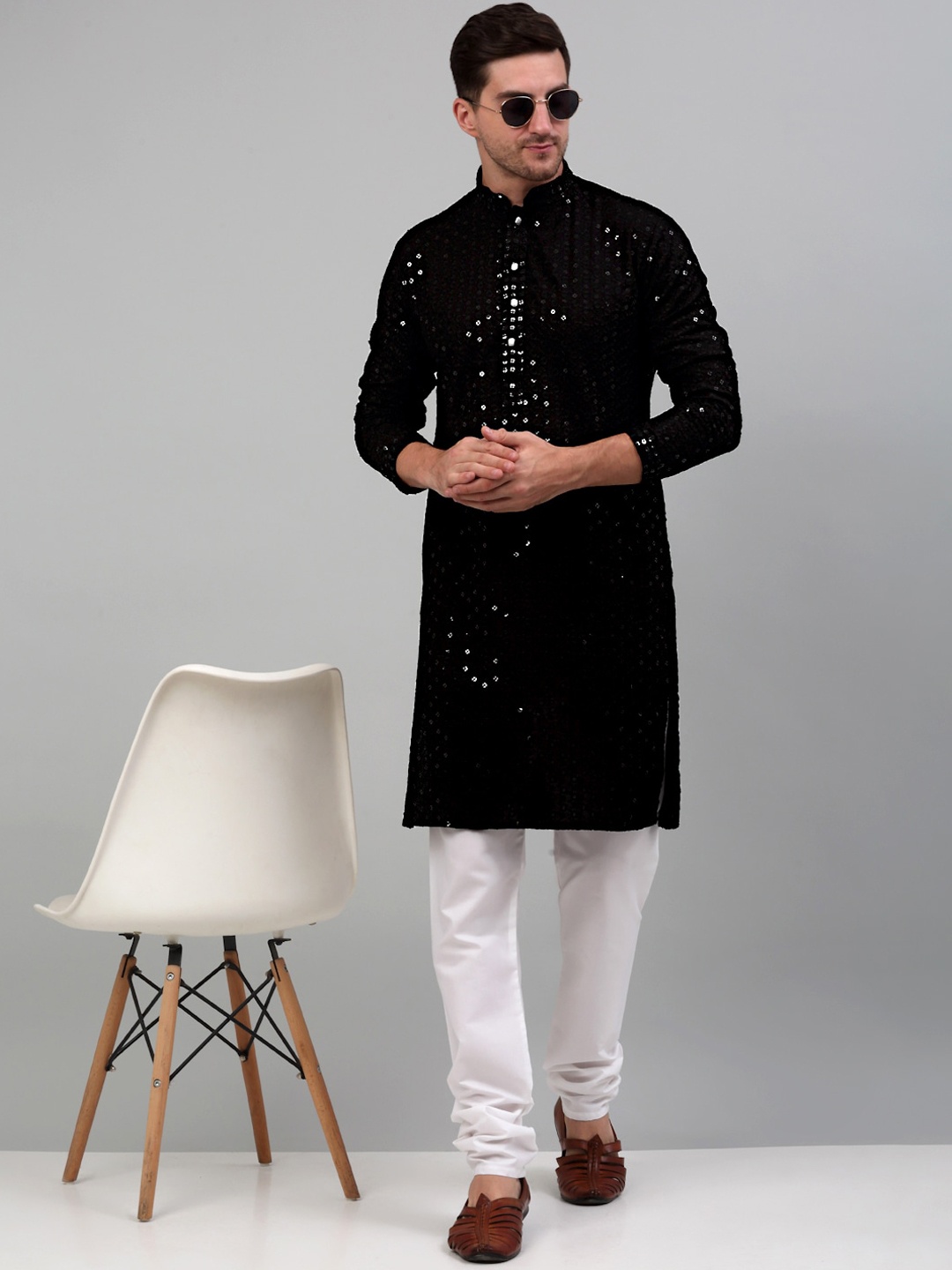 

Jompers Embroidered Long Sleeve Sequinned Kurta & Churidar with Nehru Jacket, Black