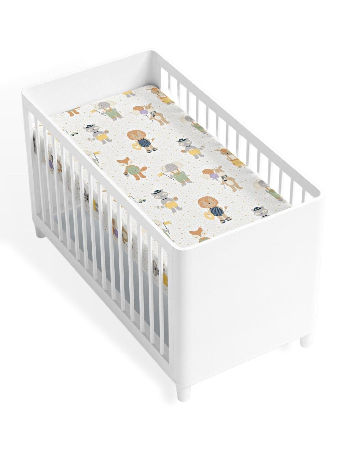 

haus & kinder White & Yellow Jungle Party 186 TC Pure Cotton Fitted Crib Bedsheet